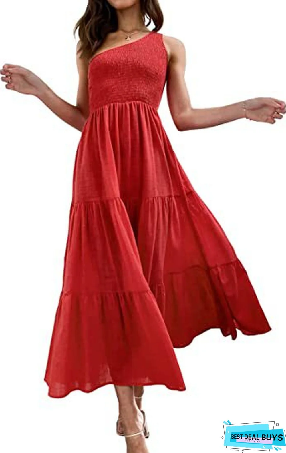 Solid Print Bohemian One Shoulder Sleeveless Dress