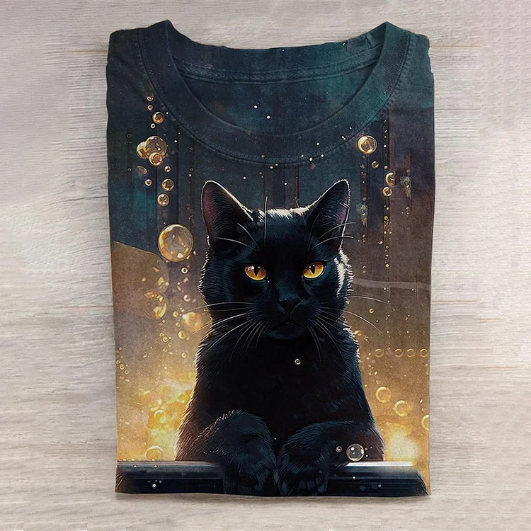 Men's Black Cat Print Round Neck Short Sleeve T-Shirt