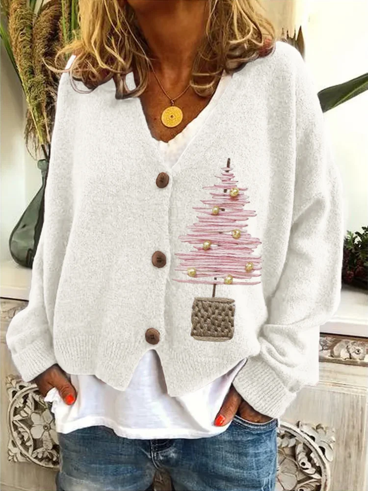 Pink Christmas Tree Embroidery Cozy Knit Cardigan