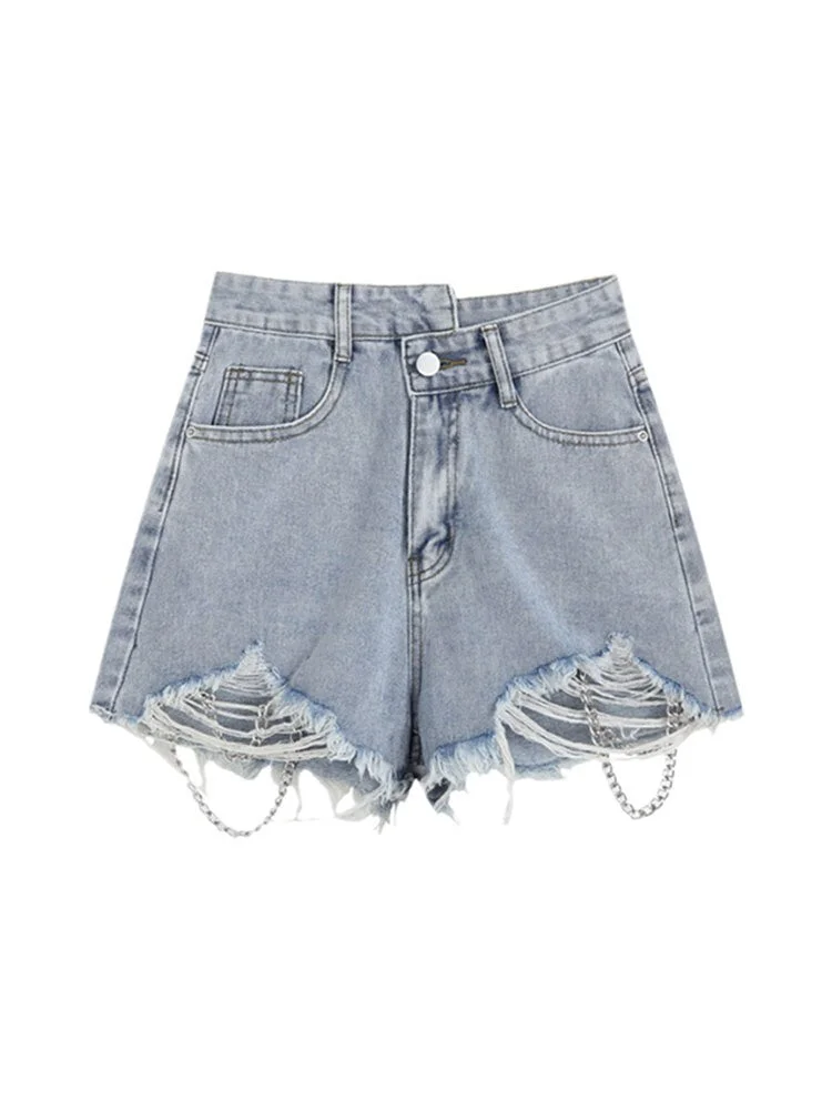 High Waist Women&#39;s Jeans Shorts Casual Harajuku 2022 Summer Female Vintage Streetwear E-girl Wide-leg Ripped A-line Denim Shorts