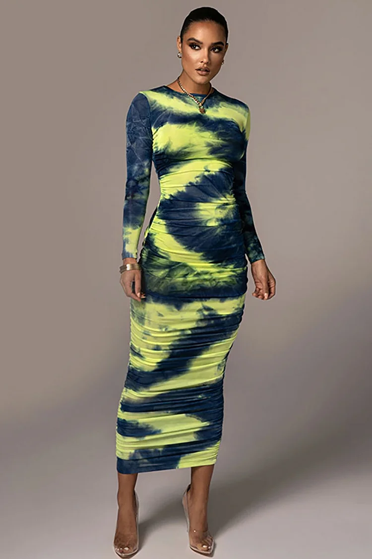 Tie Dye Print Ruched Long Sleeve Bodycon Maxi Dresses