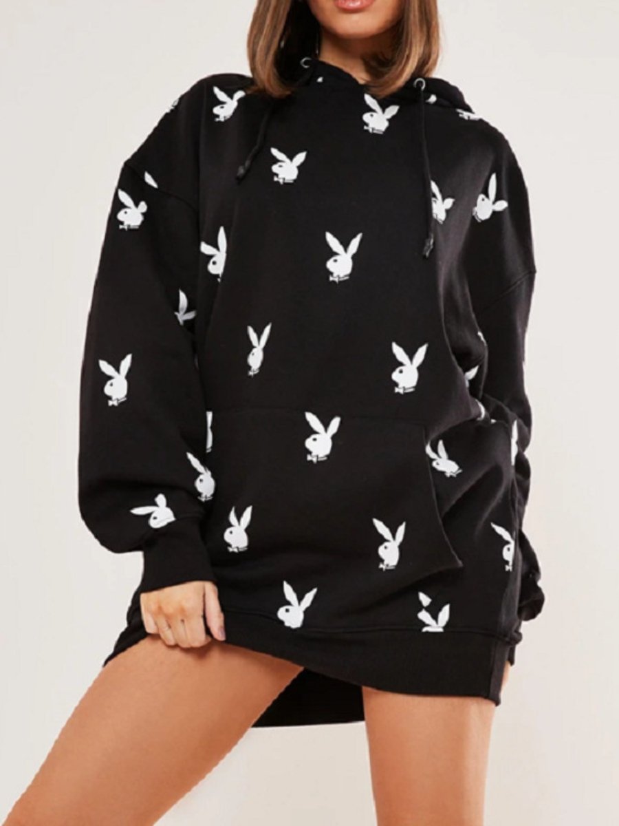 Women's Playboy Hoodie Rabbits Floral Oversized Long Hooded Sweatshirts