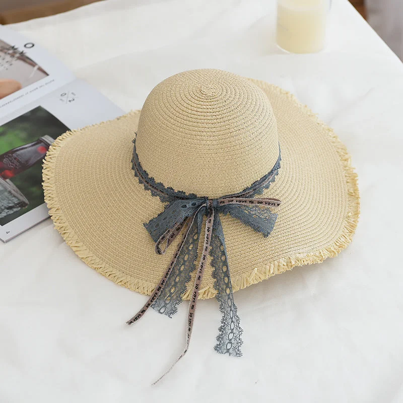 Women's Straw Hats Lace Decoration Wide Brim Dome Beach Hats