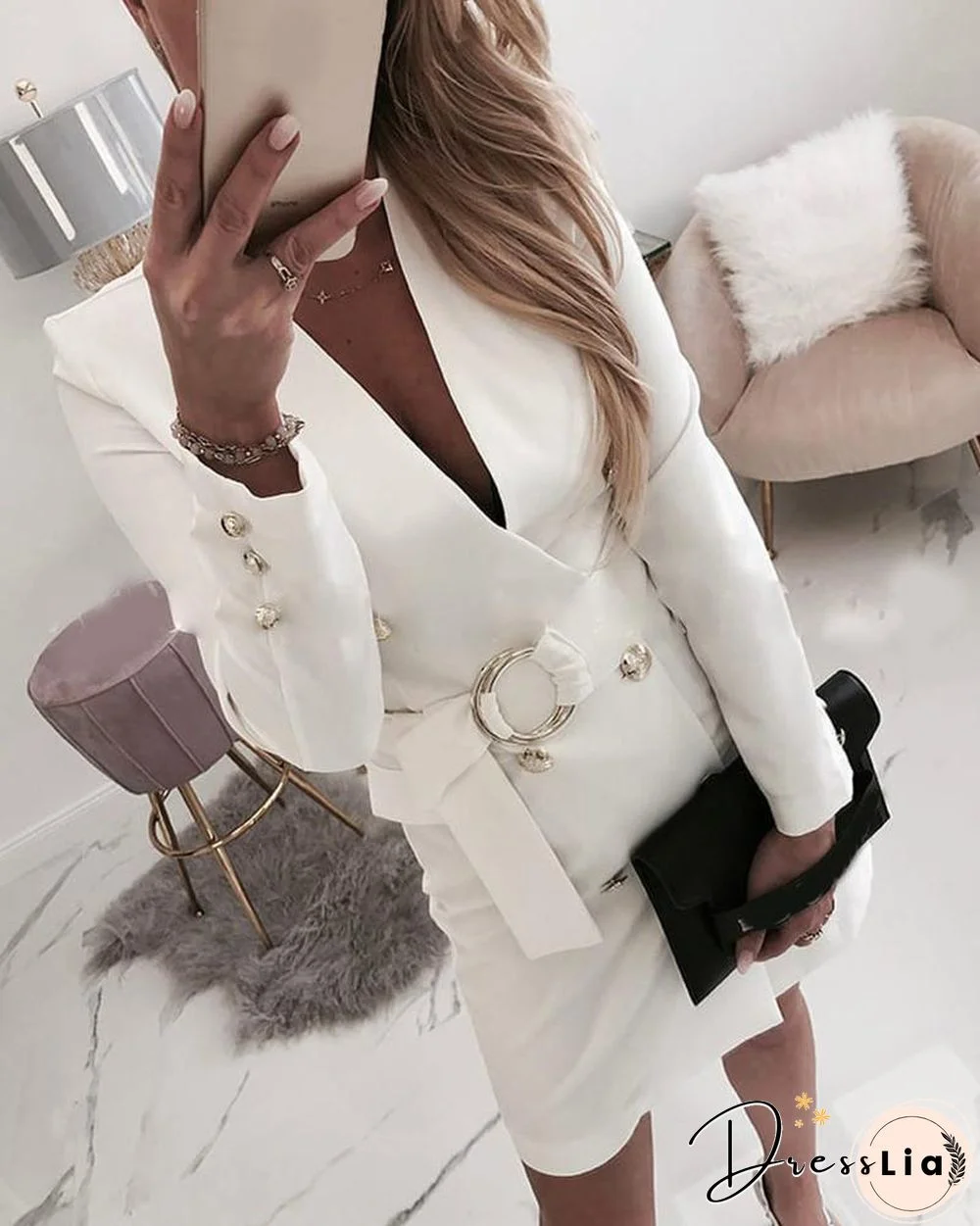 Plain Long Sleeve Buttoned Blazer Dress P13982