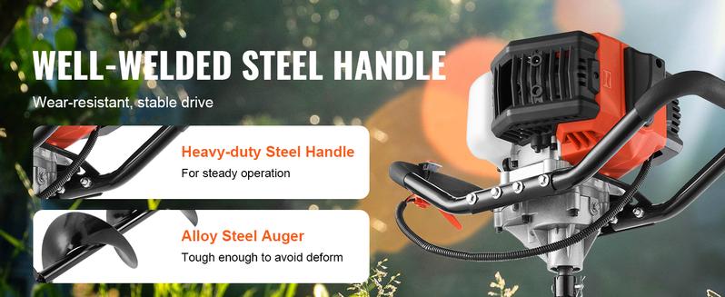 Product Introduction of VEVOR Post Hole Digger. 52cc 1450W Auger Post Hole digger. Gas Powered Earth Digger with Two Earth Auger Drill Bit 6" & 10" and 3 Extension Rods. for Farmland. Garden and Plant. EPA certification VEVOR Super Brand Day 2
