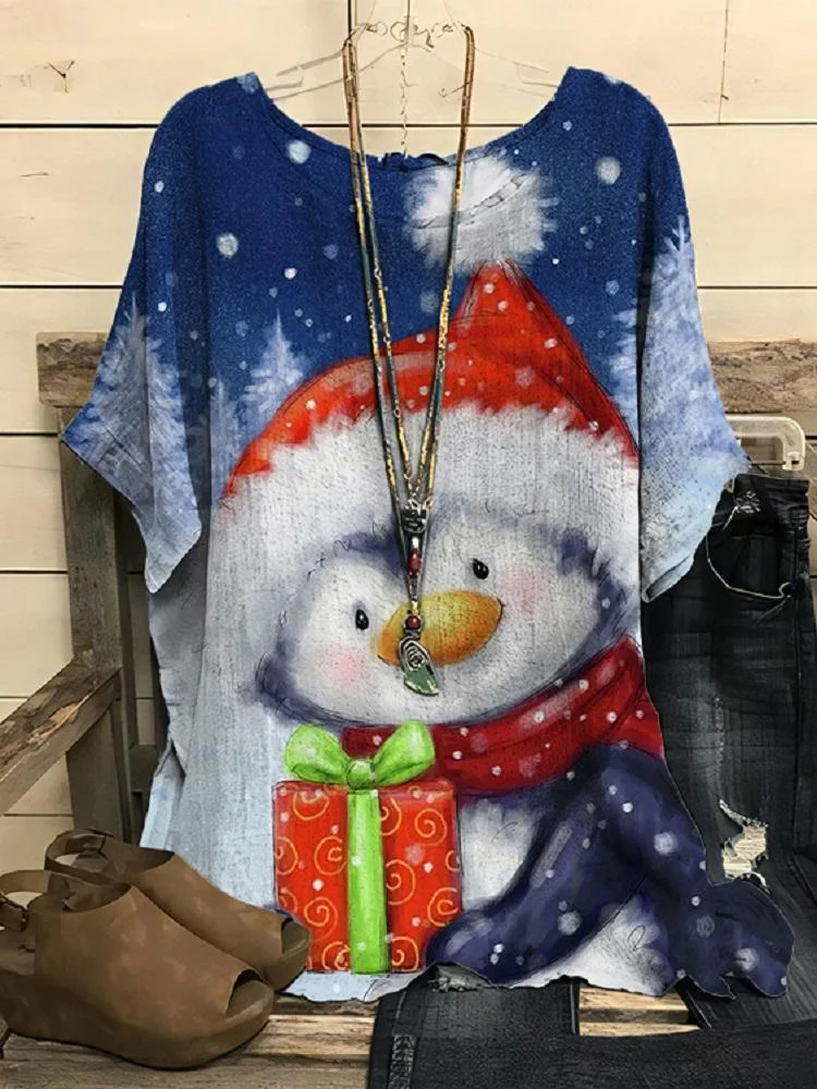 Blue Christmas Theme Snowman Printed Round Neck Short Sleeve T-Shirt