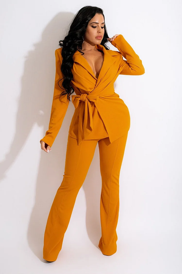 Deep V Neck Tied Up Blazer Solid Pants Two Pieces Set