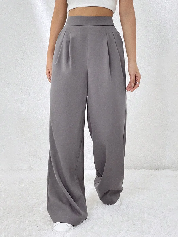 Solid Color Pockets Pleated Elasticity Wide Leg Loose Trousers Pants