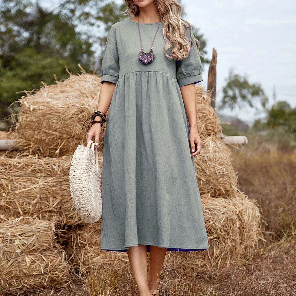 Smiledeer Summer new solid color loose cotton and linen round neck long skirt