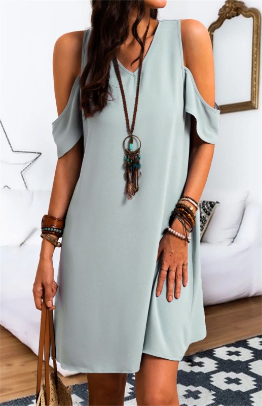 Mature Women Summer Fashion Ruffle Cold Shoulder V Neck Mini Dress