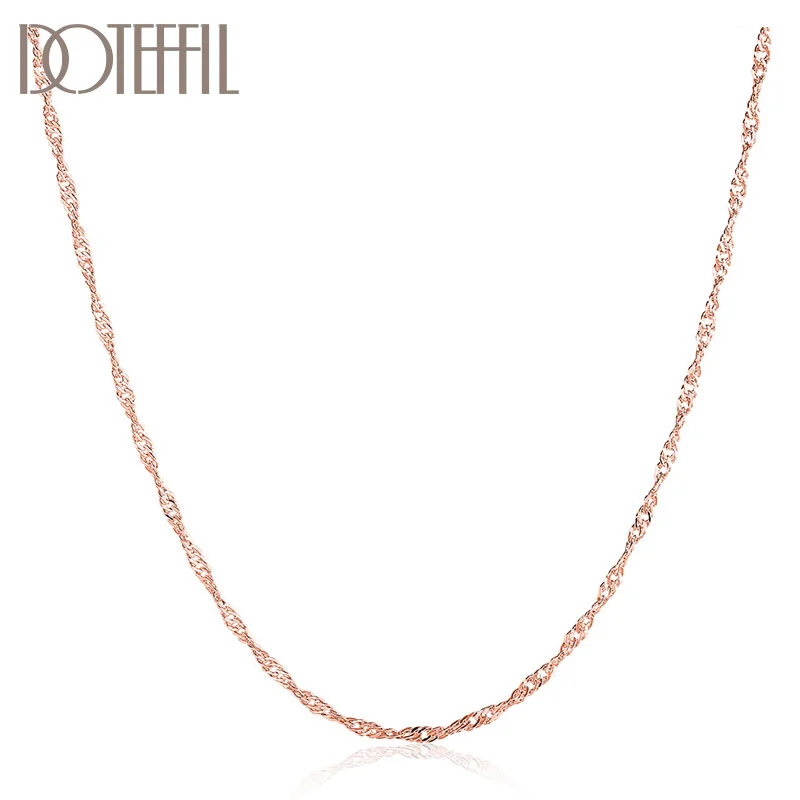 DOTEFFIL 925 Sterling Silver Rose Gold 18 Inches Water Wave Chain Necklace For Women Man Jewelry