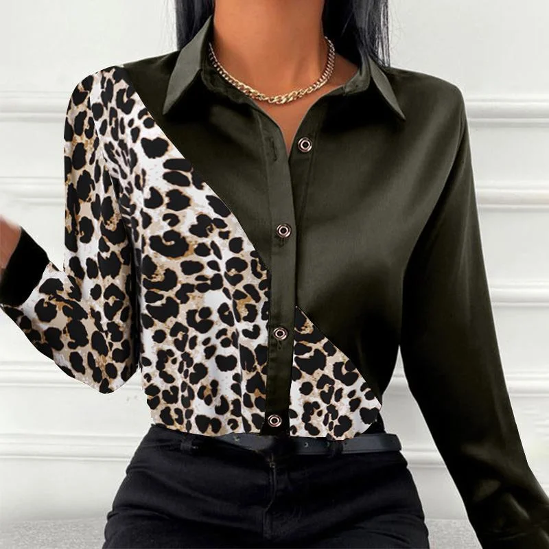 Women Elegant Long Sleeve Button Shirt Satin Printed Chemise 2022 Stylish Leopard Patchwork Blouse ZANZEA Irregular Party Tops