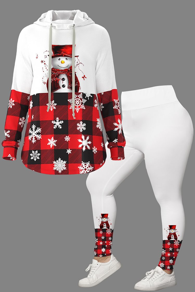Flycurvy Plus Size Christmas Casual White Colorblock Stitching Snowflake Print Two Piece Pant Set  flycurvy [product_label]