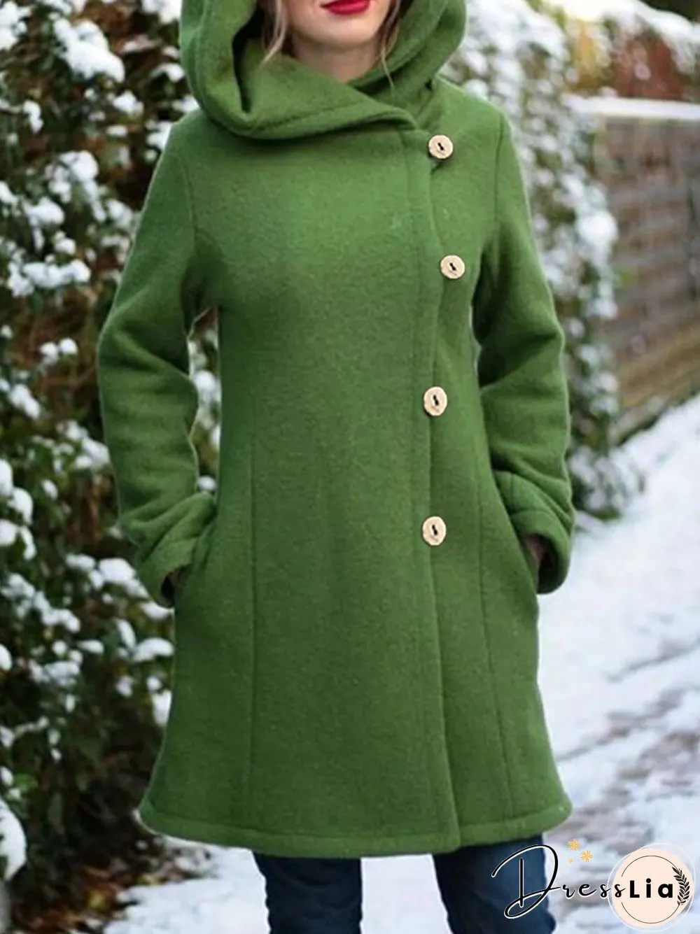 Solid Color Long Sleeves Hooded Warm Coat With Pocket For Women