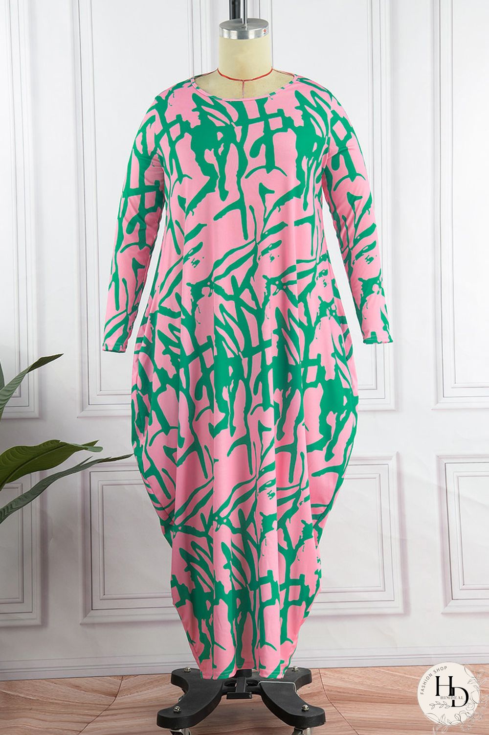 Orange Red Casual Print Patchwork O Neck Long Sleeve Dresses