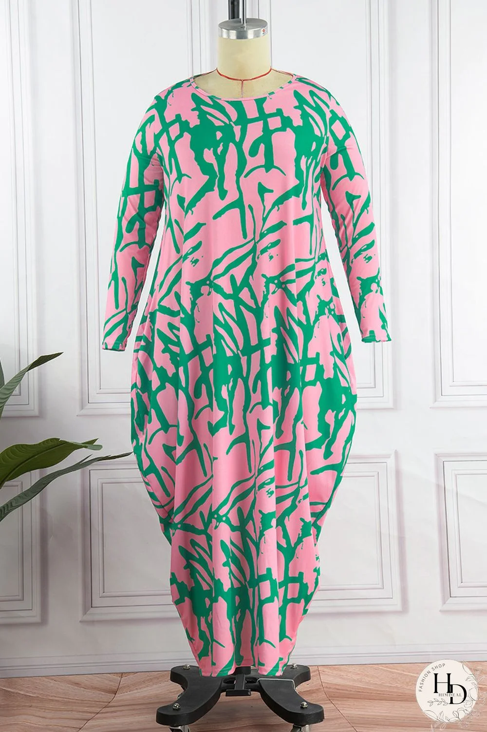 Orange Red Casual Print Patchwork O Neck Long Sleeve Dresses