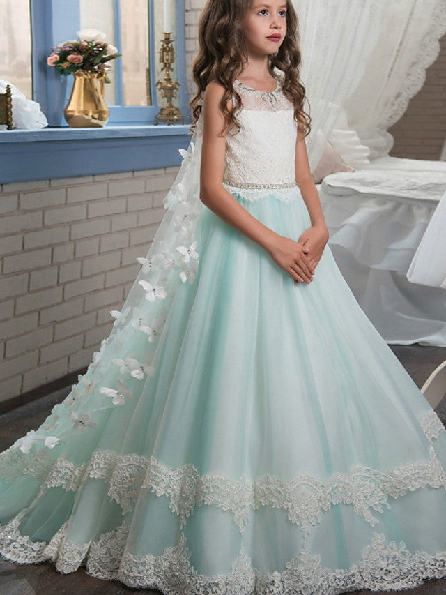 Oknass Ball Gown Sleeveless Jewel Neck Flower Girl Dresses Polyester  With Appliques Color Block