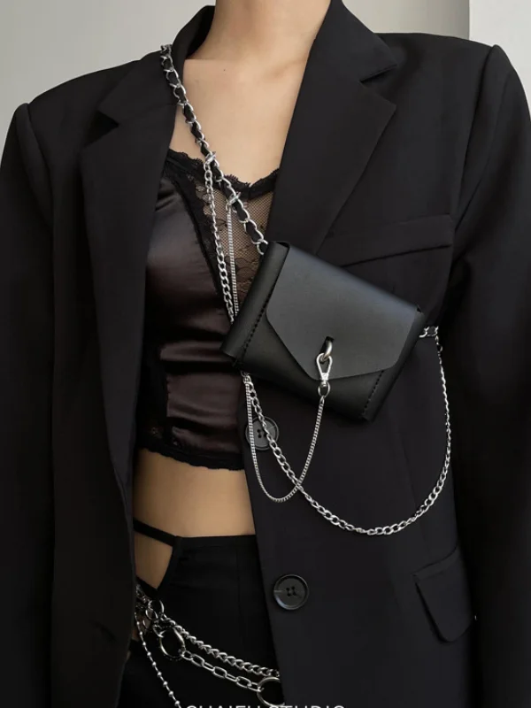 Statement Solid Color Punk Style Chain-trimmed Cross Body Bag-mysite