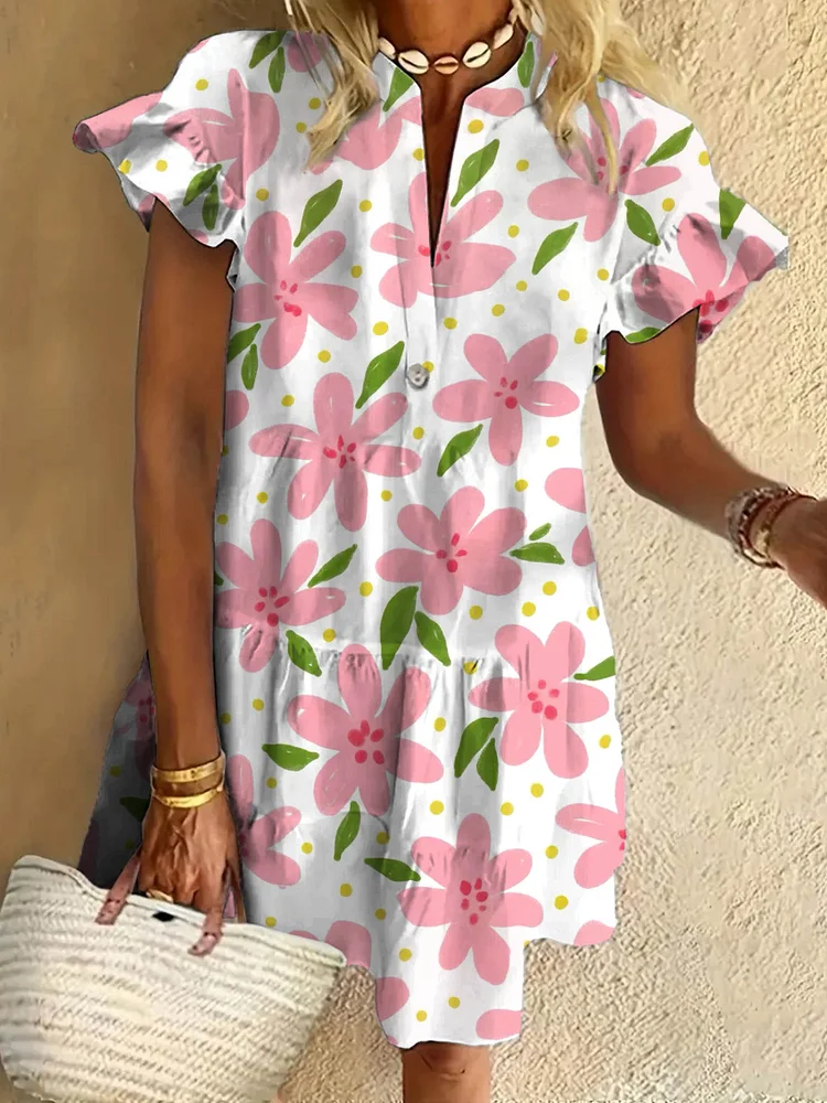 Multicolor Cute Flower Art Print Ruffled Short-sleeved V-neck Buttoned Dress Vacation Beach Dress