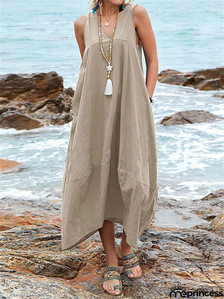 Women's Deep V Neck Pocket Backless Lace Up Loose Beach Dress
