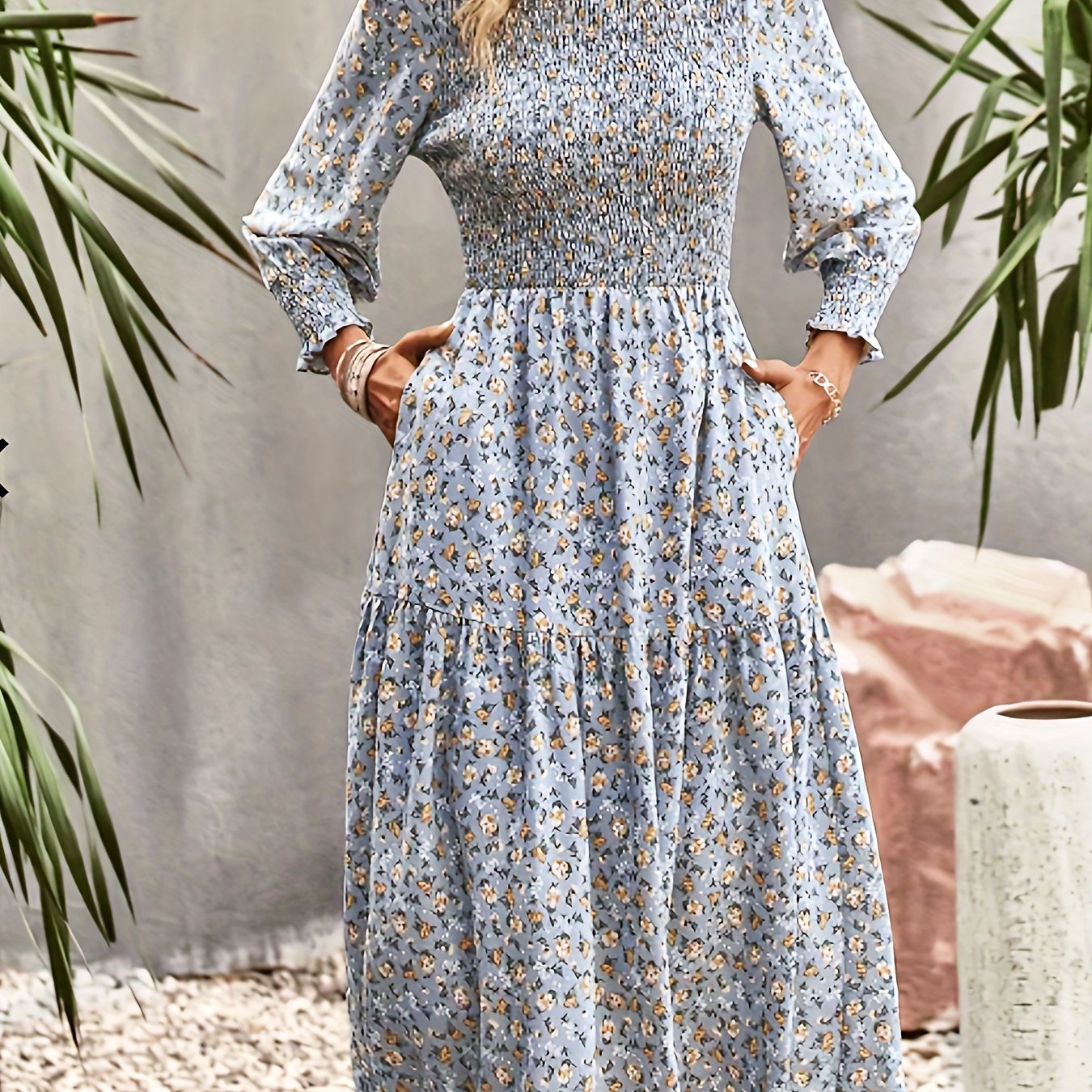 Floral Print Shirred Dress, Casual Crew Neck Long Sleeve Midi Dress, Women's Clothing