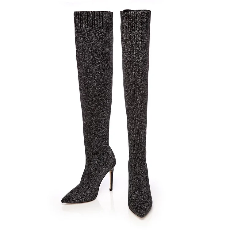 Black Knee High Fashion Boots with Fabric Upper and Stiletto Heels Vdcoo