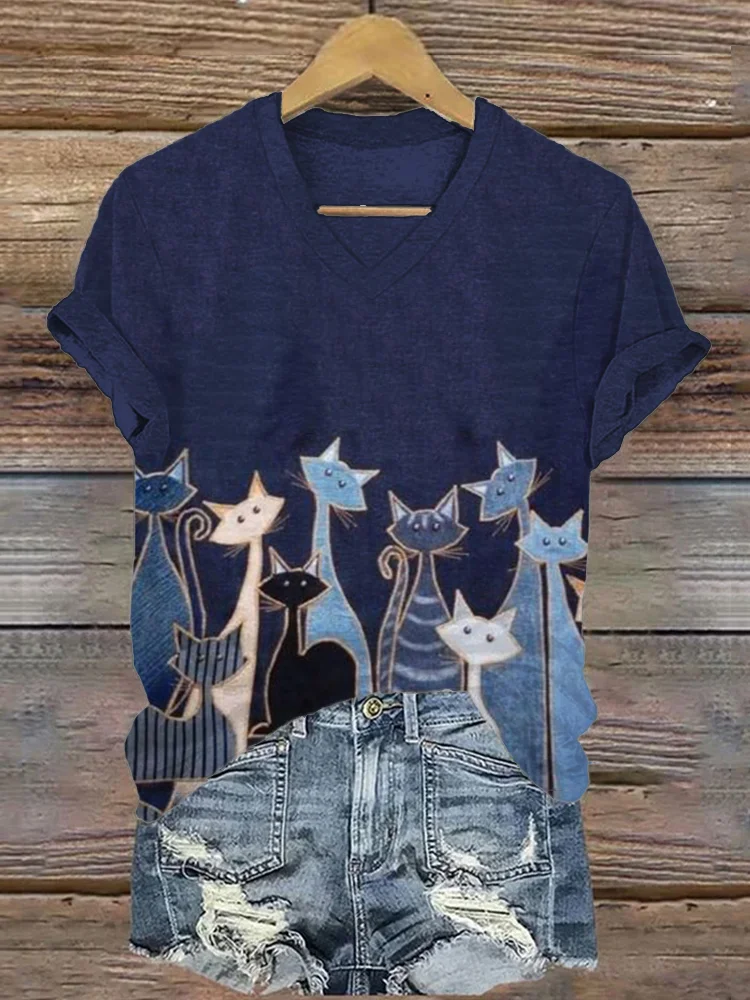 Lovely Cats Denim Patchwork V Neck T Shirt