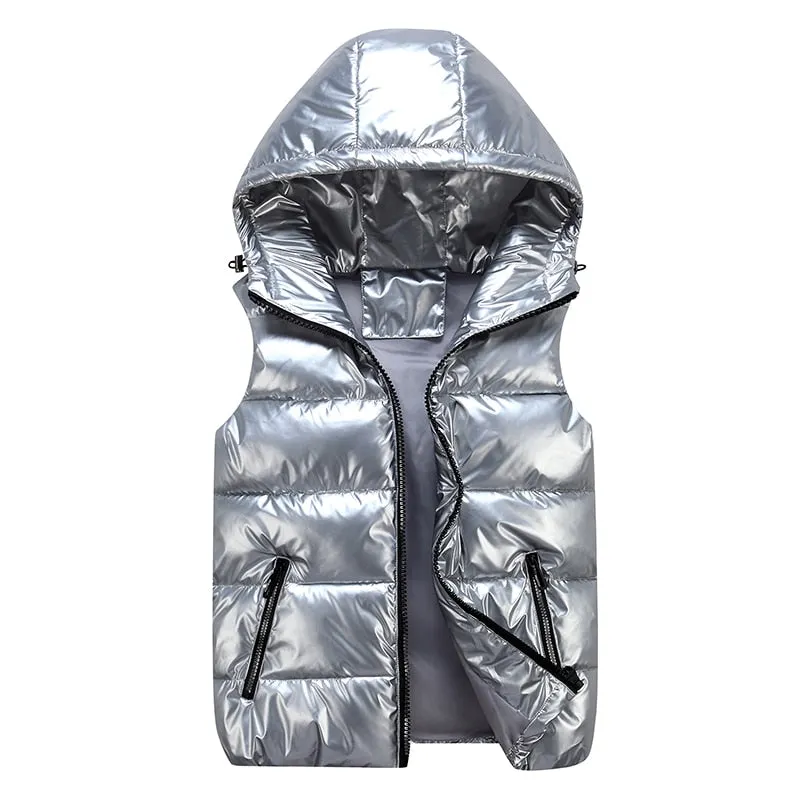 Women Winter Vests 2021 Cotton Padded Puffer Sleeveless Hooded Jacket Short Shiny Bright Color Vest Body Warmer Winter Waistcoat