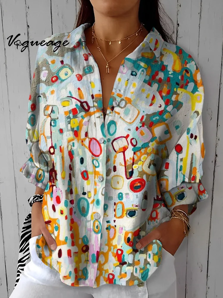 Casual Colorful Oil Painting Style Light Color Blocks Lantern Sleeves Printed Cotton And Linen Shirt