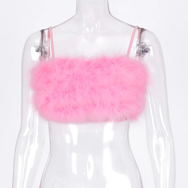 Hugcitar 2019 fake fur patchwork sleeveless tube sexy crop tops autumn winter women pink streetwear pur outfits camis