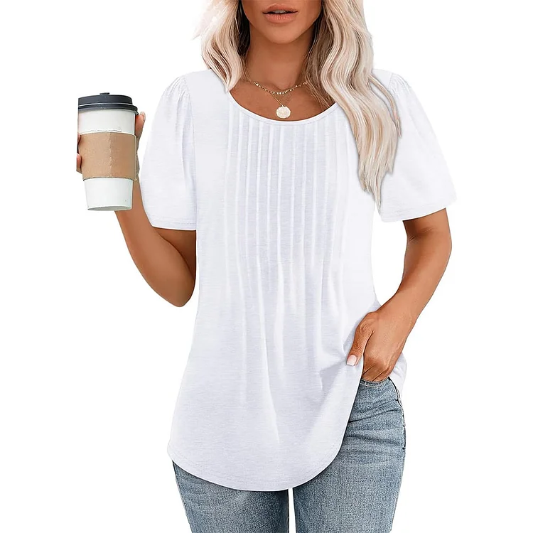NEW🔥 Women's Short Sleeve Pleated Dressy Casual Scooped Neck Tops 