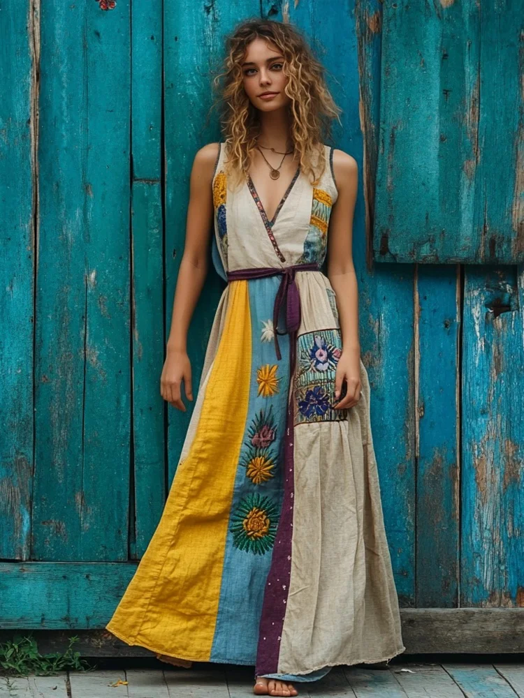 Utbros Vintage Boho Floral Embroidered Women's Linen Vest Maxi Dress
