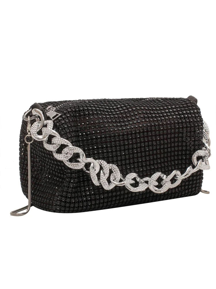 Casual Diamonds Crossbody Bags Women Rhinestones Chain Tote Handbag (Black)