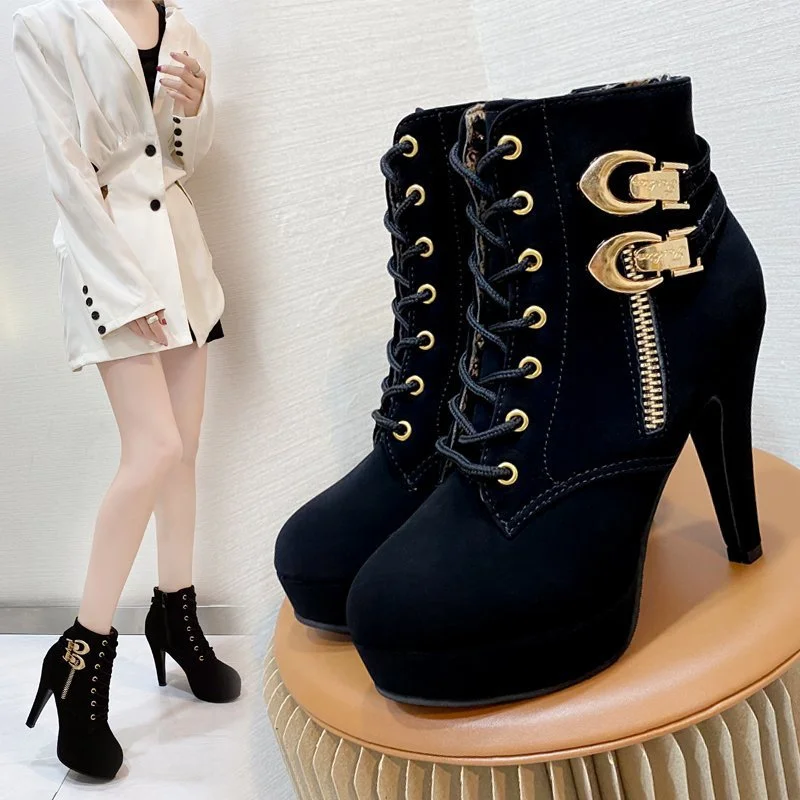 Breakj Breakj New Ultra-High Heeled Round Head Zipper Short Boots Women With Large Size Martin Boots Tide