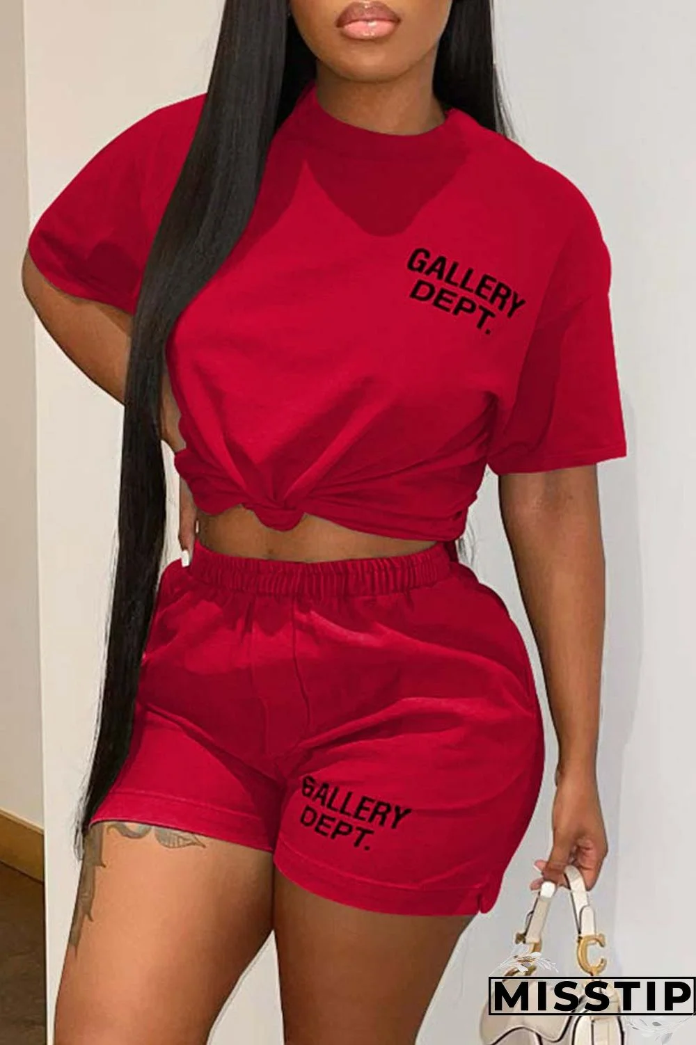 Black Casual Letter Print Basic O Neck Short Sleeve Two Pieces