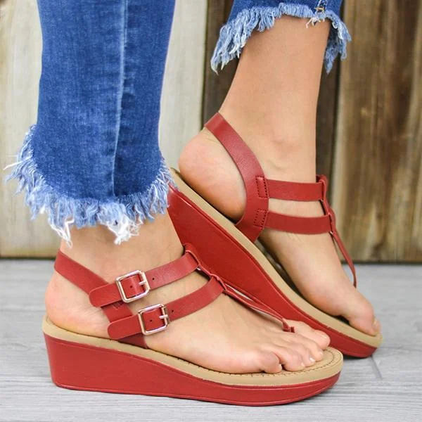 Adjustable Buckle T-Strap Wedge Sandals