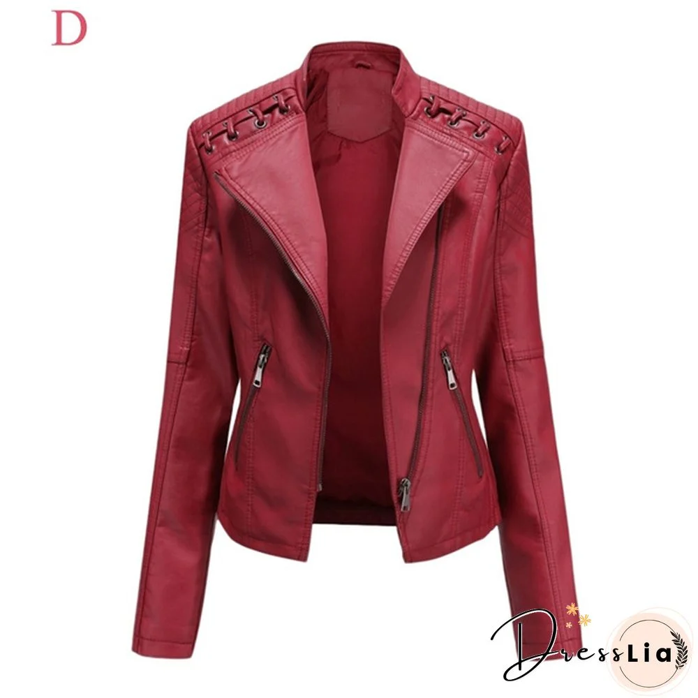 Ladies Fashion Spring and Autumn Short Slim Thin Leather Jacket Motorcycle Suit