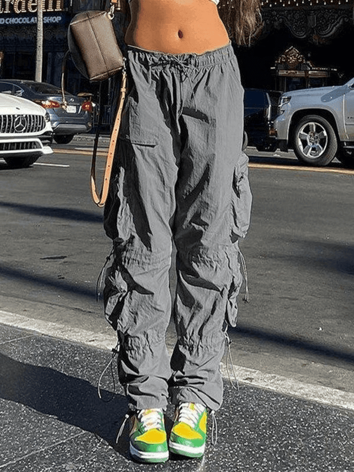 Brownm Pocket Patched Drawstring Cargo Pants