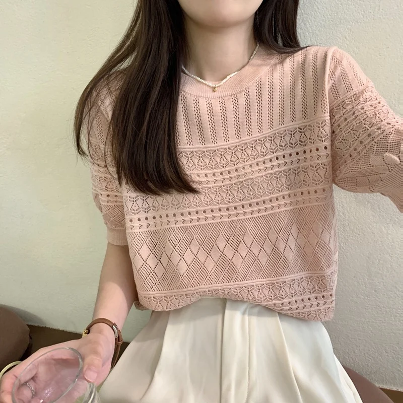 Uveng Uveng Version Of Chic Summer Sweet Round Collar Hooded T-Shirt Design Hollow Flowers Thin Knitted Shirt Woman