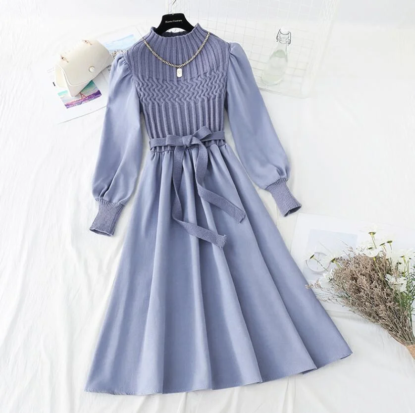 Korean Vintage Puff sleeve Knitted Dress Woman Autumn winter 2021 New Fashion A-line Slim Print Bottoming Dress Elegant Vestidos