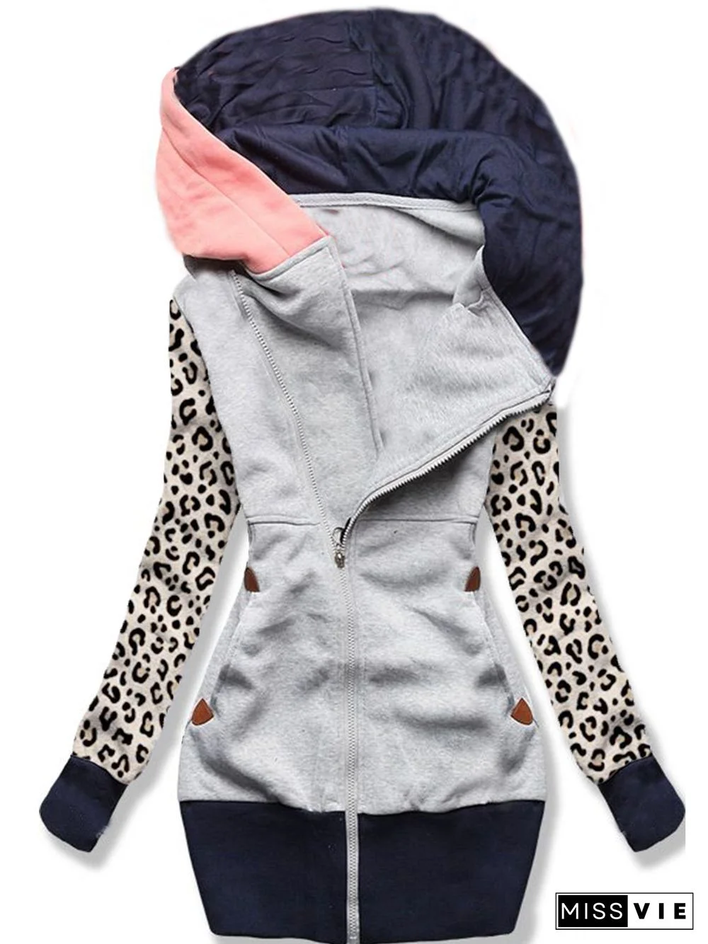 Women Casual All Season Color Block Cotton-Blend Zipper Sports Casual Long sleeve Hooded Jacket