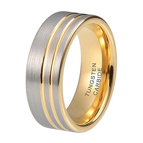 Women's Or Men's Yellow Gold and Silver Tungsten Carbide Wedding Band Rings Double Offset Lines / Grooves,Pipe Cut Style And Comfort Fit Ring With Mens And Womens For Width 4MM 6MM 8MM 10MM