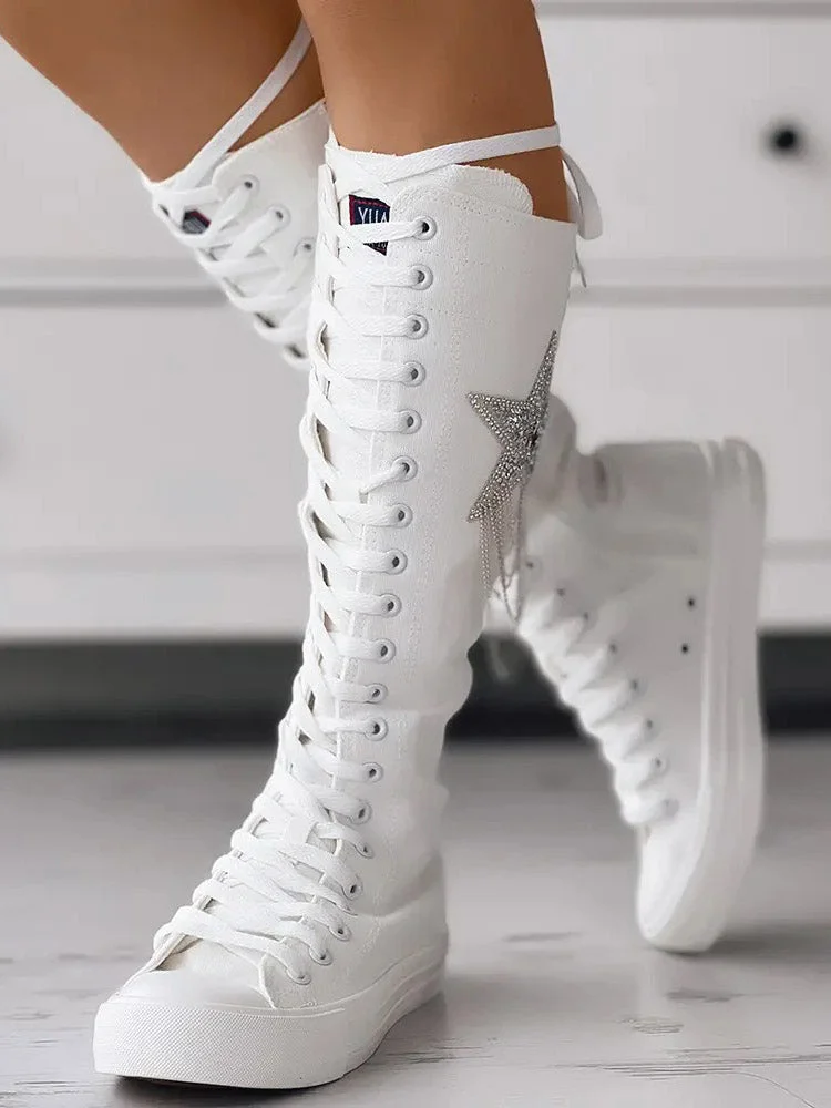 Canvas Eyelet Lace-up Tassel Desig Boots