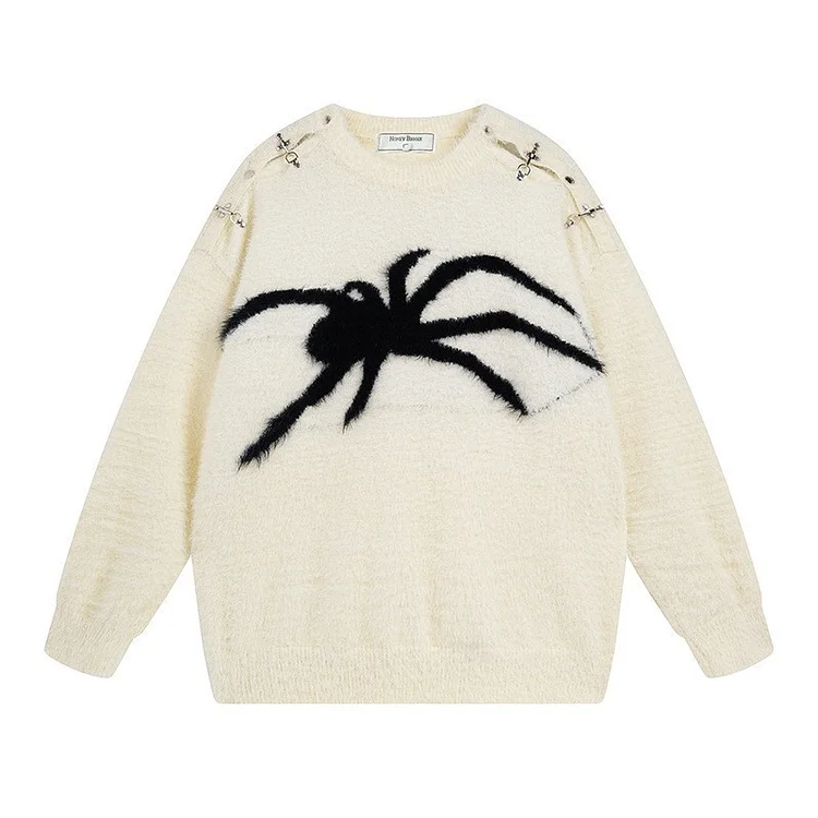 Spider Warm Loose Thickened Sweater Metal Buckle Spider Jacquard Sweater at Hiphopee