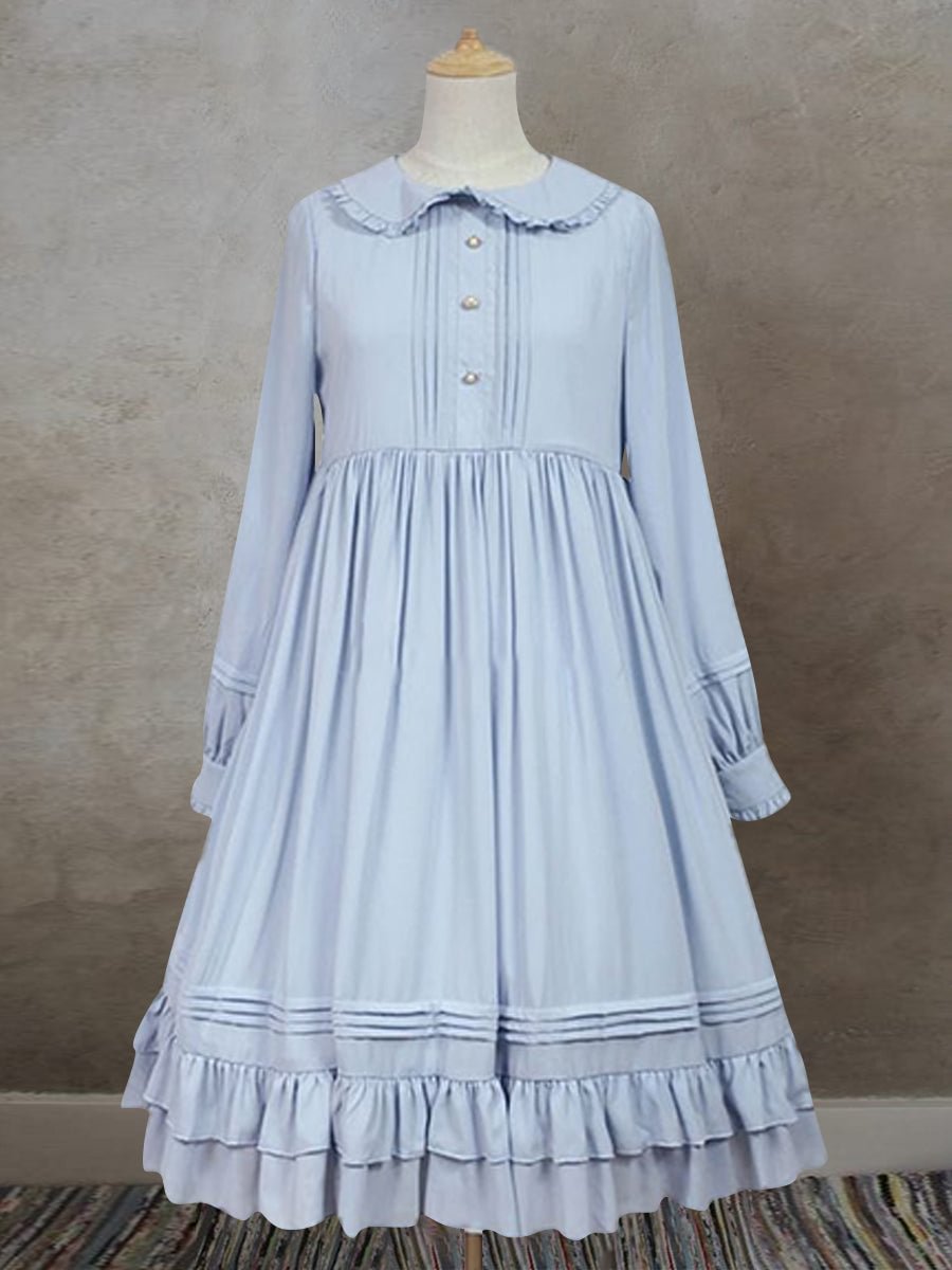 Cotton Linen Pleated Flounce Doll Collar Dress