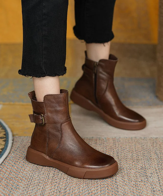 French Brown Cowhide Leather Splicing Boots