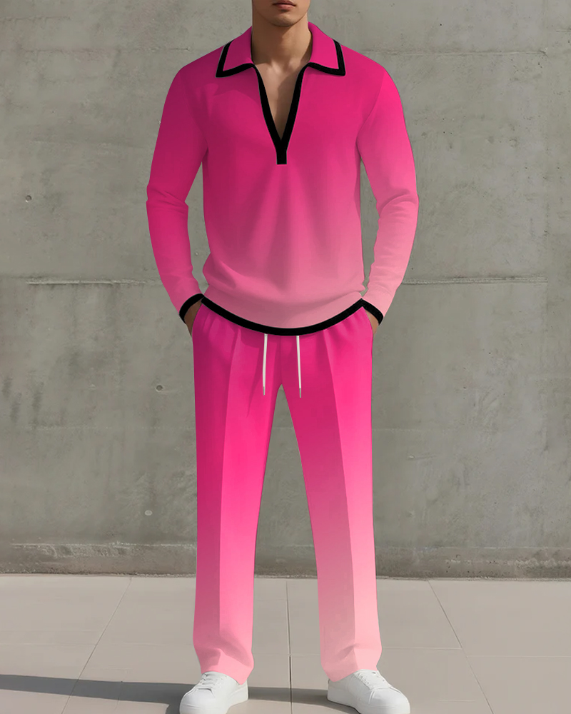 Big & Tall Men's Rose Gradient Printed POLO V-Neck Long Sleeve Pants Two-Piece Set