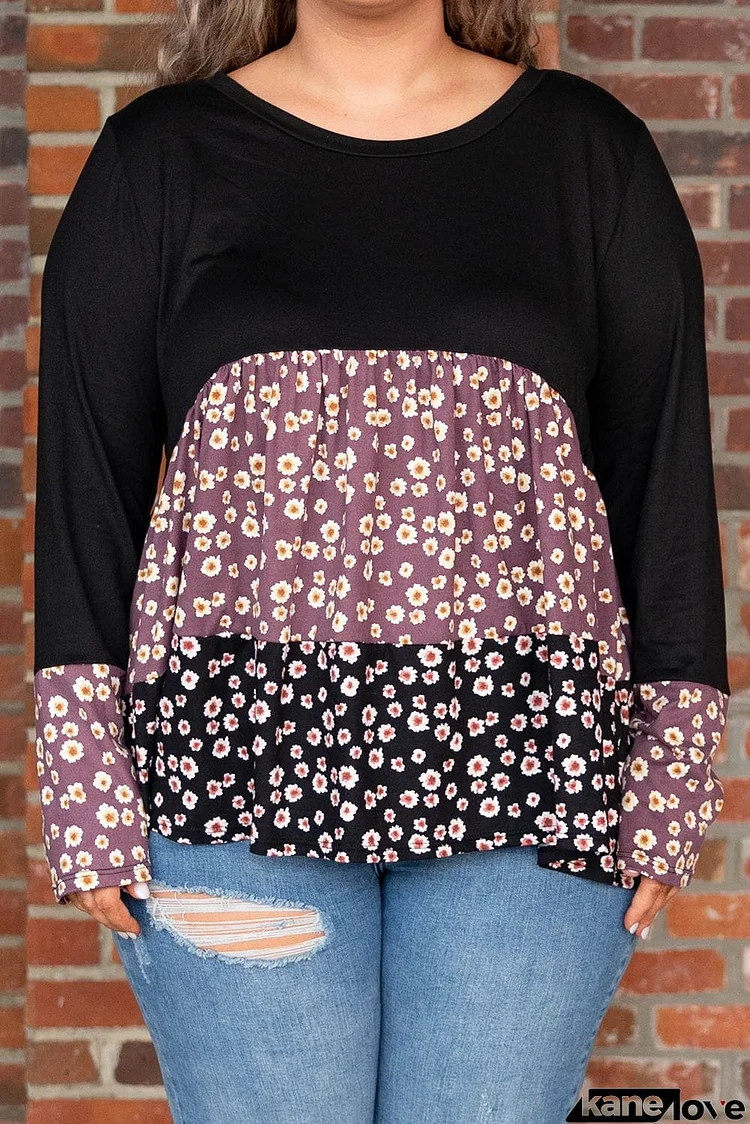 Floral Pattern Color Block Plus Size Pullover Top