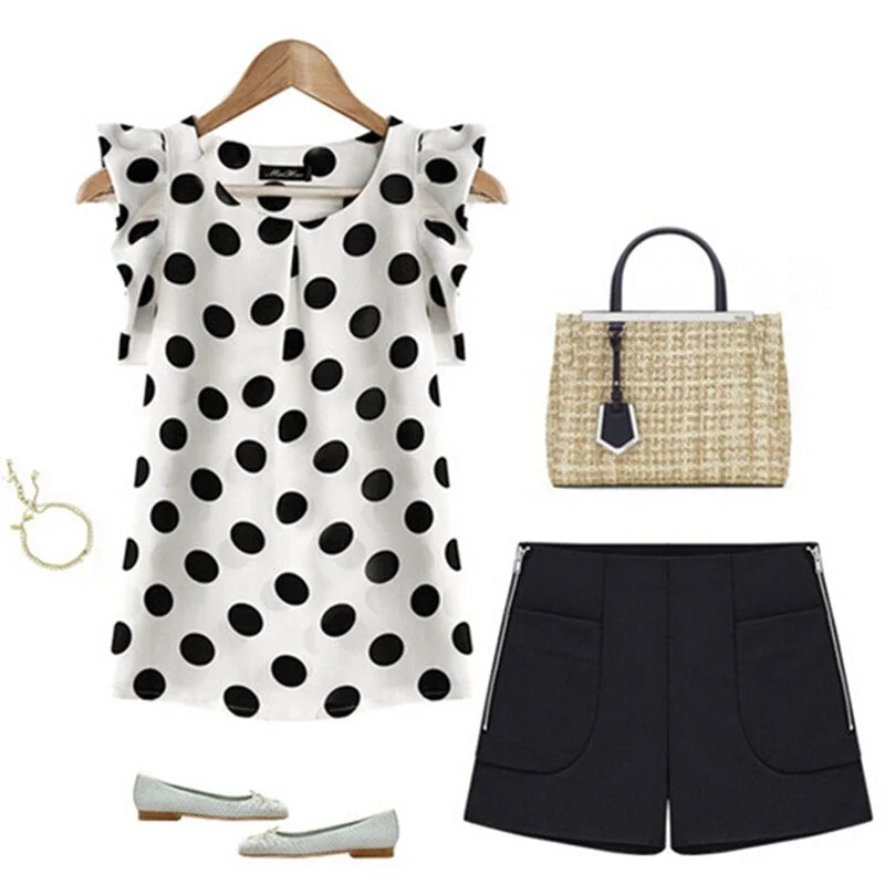 CUHAKCI Chiffon Blouse Casual Shirts Polka Women White Black Dot Short Sleeve Fashion O-Neck Tops