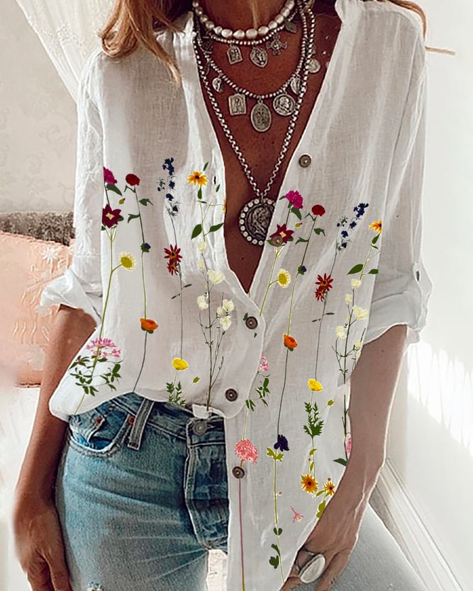 Floral-Print Long Sleeve Blouse